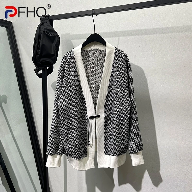 

PFHQ Men's Contrast Color Knitted Cardigan Trendy Versatile Sweater V-neck Design Personality Summer Haute Quality Coat 21Z4378