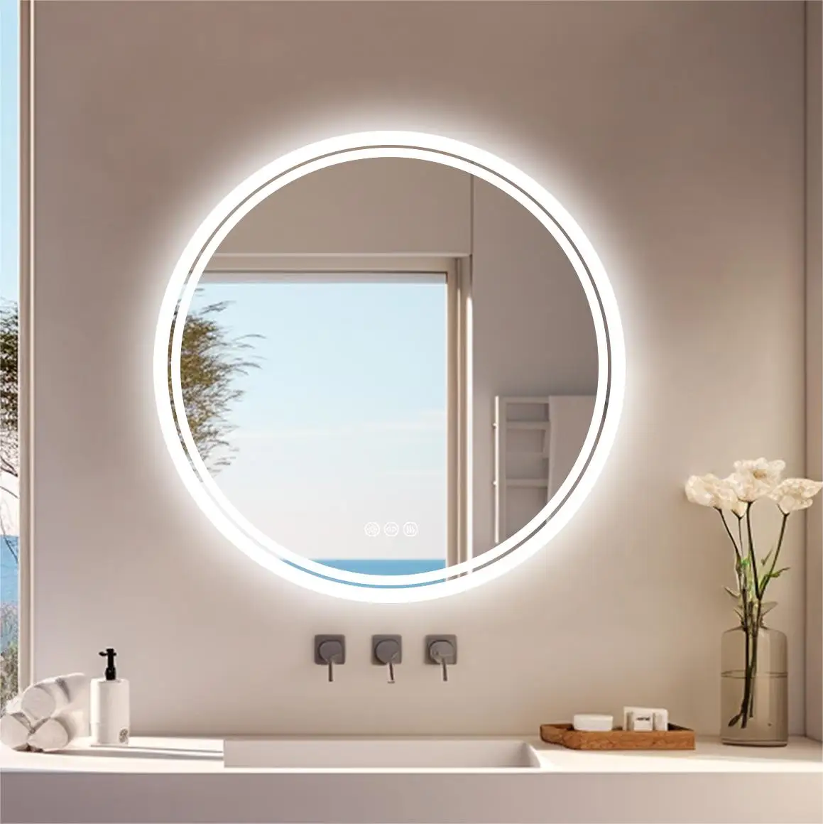 Large Round LED Bathroom Vanity Mirror Anti-Fog with Brighter Lights for Makeup Wall Mount Smart Touch 2