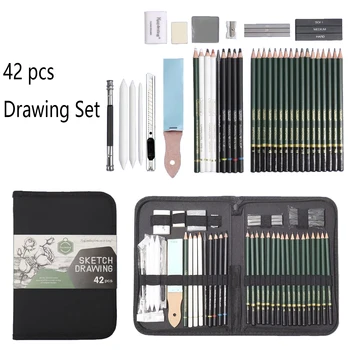 42 pezzi Disegno Schizzo Set Schizzo professionale Matita HB Custodia per il trasporto Forniture artistiche Kit da disegno Strumento per bastoncini di carbone di grafite 1