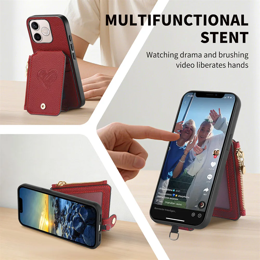 Elegant Leather Wallet Phone Case with Zipper & Card Holder - Includes Lanyard