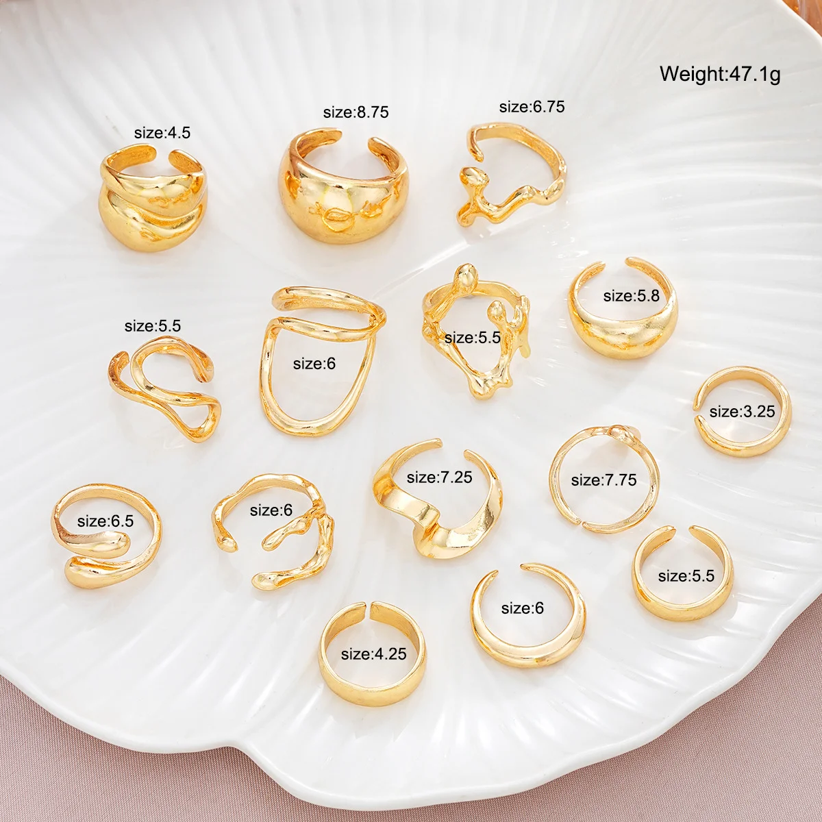 15 Pcs Vintage Smooth Rings Set for Women Fashion Gold Color Irregular Geometric Opened Rings Party Birthday Jewelry Gifts ring set,gold color rings,finger ring,gold color ring,opening ring,adjustable rings,jewelry accessories