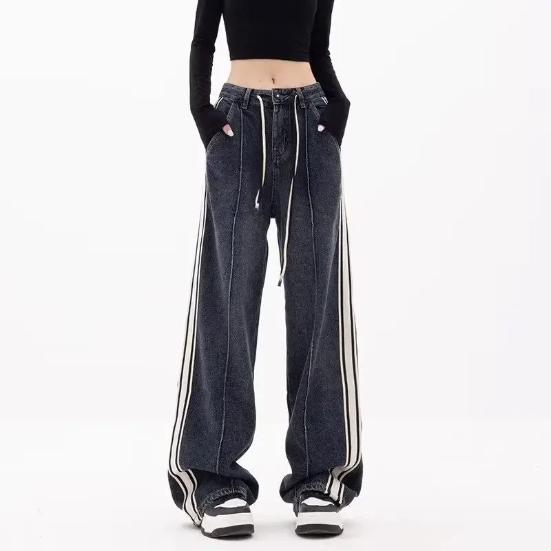 Vintage Straight Drawstring Jeans for Women Loose Straight Pants Dark Wash Striped Wide Leg Trousers Y2K Spring and Summer
