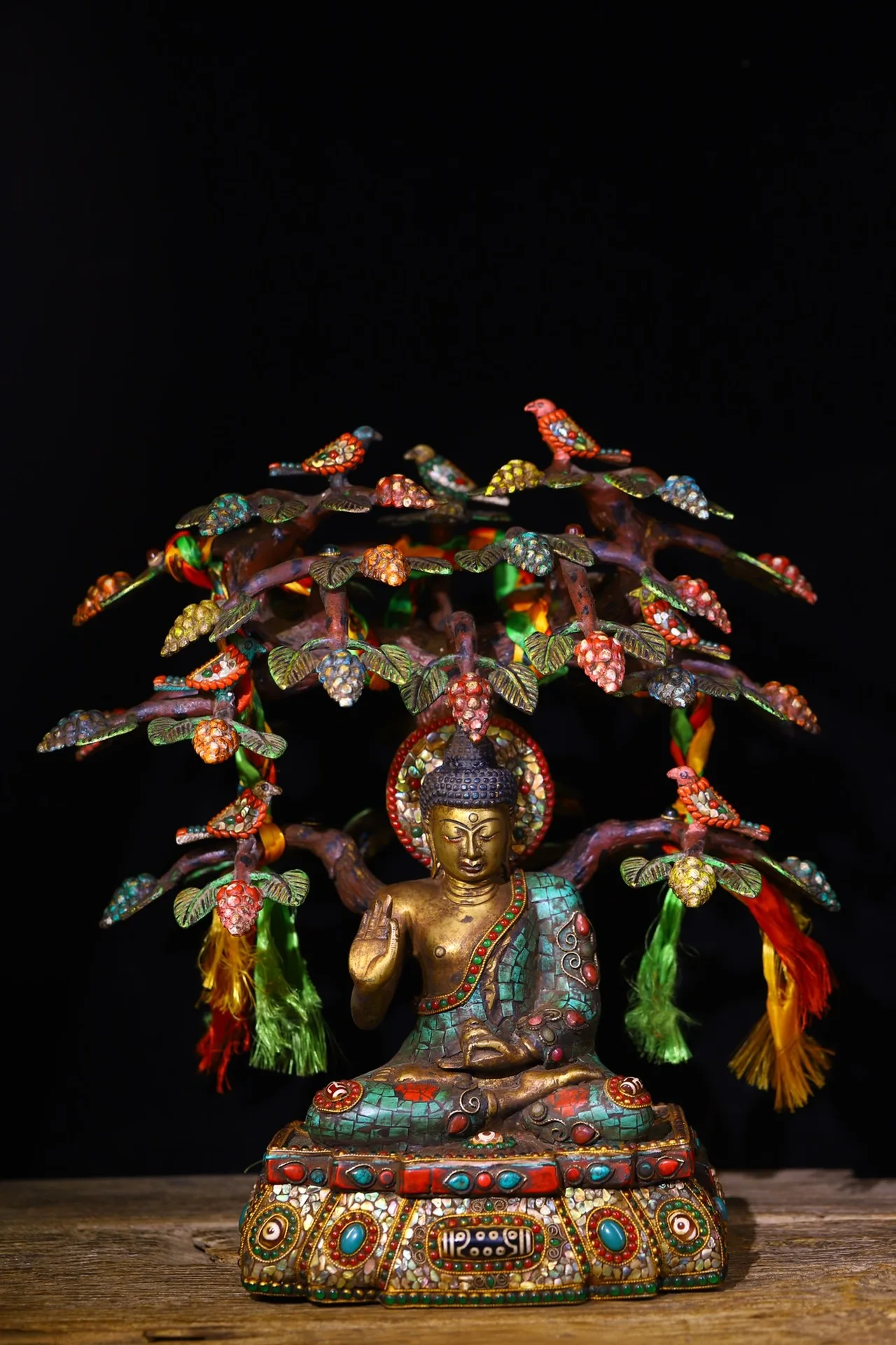 

15"Tibetan Temple Collection Old Bronze Outline in gold Mosaic Gem gZi Beads Shell Bodhi tree Shakyamuni Meditation Buddha