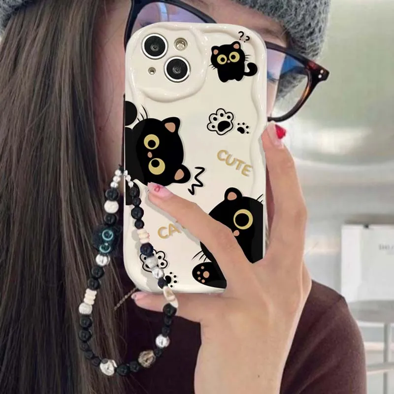 Chic Black Cat Wrist Chain Phone Case Cover