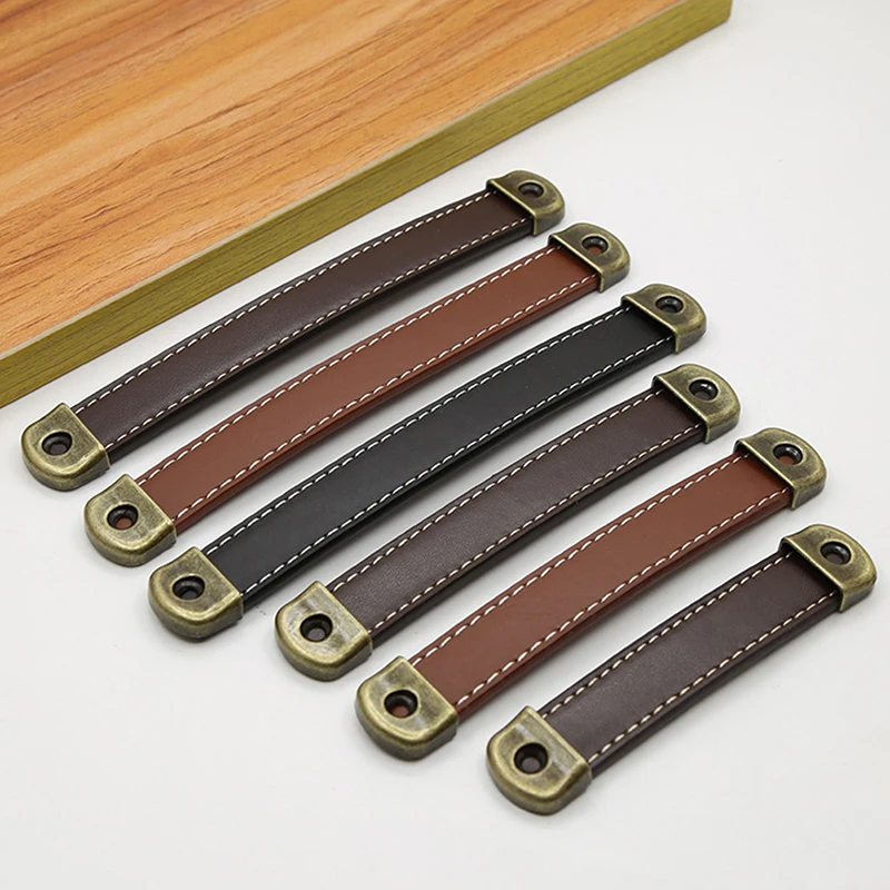 1pc Wooden Crate Gift Box Leather Handles Furniture Handles Wardrobe Drawer Door Pull Leather Kitchen Cabinet Handles Hardware