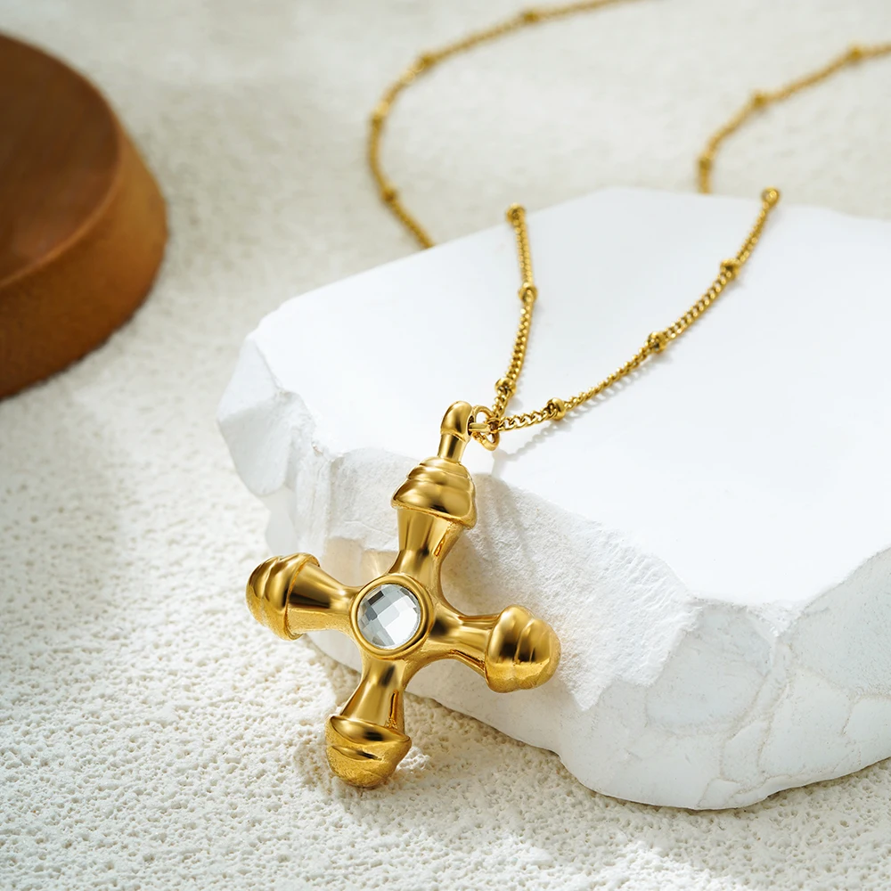 Delicate Thick Cross Pendant Necklace for Women Stainless Steel Sparkling Crystal Round Bead Chain Choker Fashion Jewelry 2025
