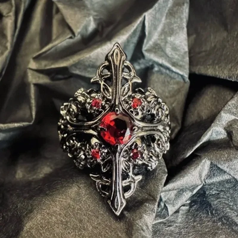 8 eight★ジオメトリックリング★【ブラック】 Black cross ring, Gothic jewelry, punk accessories, red