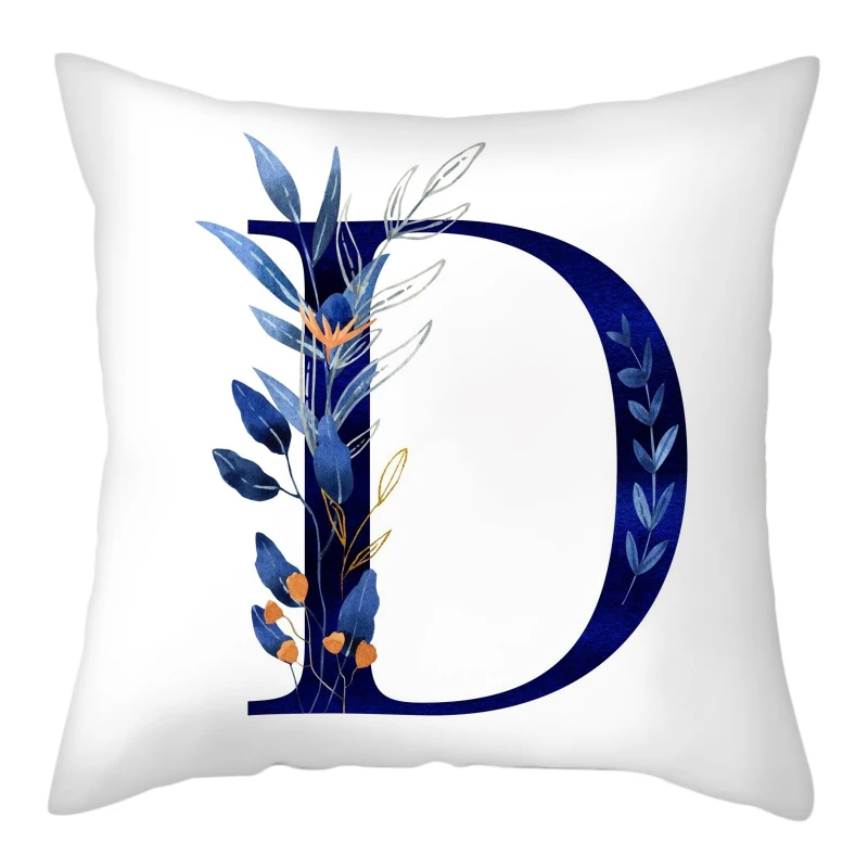 Simple Blue Leaf Alphabet Print Cushion Case 26 Letters Decoration Pillows Case Sofa Chair Livingroom Polyester Throw Pillowcase 