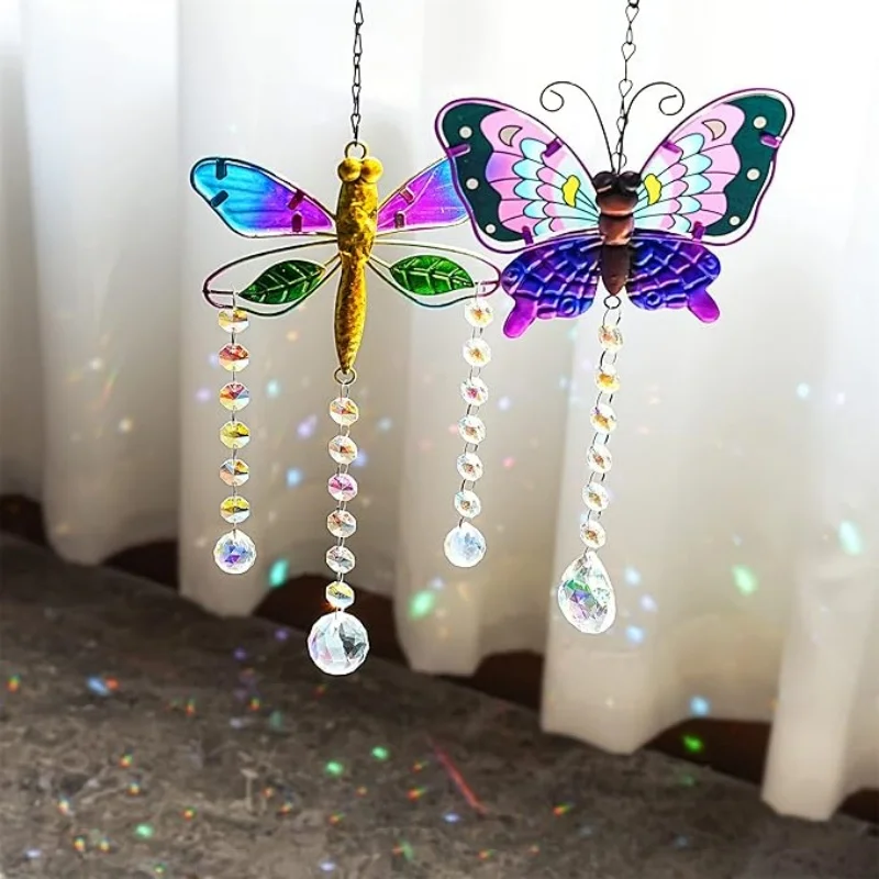 Stained Glass Window Hanging Suncatcher with Crystals Butterfly Dragonfly Sun Catchers Garden Decoration Prism Rainbow Maker