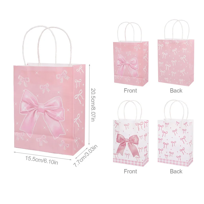 5/10Pcs Pink Bow Paper Gift Bags Candy Snack Treat Bag Kids Girls Birthday Party Supplies Baby Shower Decoration Gift Packaging