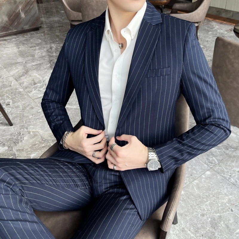 Men's Slim Fit Two-Piece Formal Suit Set Spring Autumn Stripes Business Casual Trousers And Jacket Combo