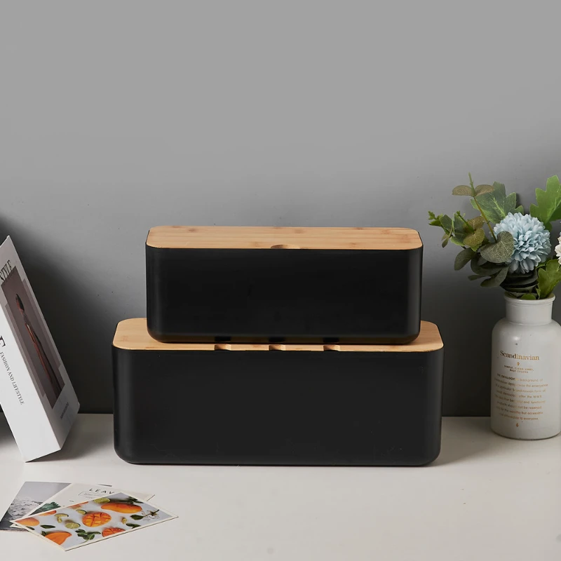Cable Management Box Bamboo Cover Wire Junction Board Storage Box Hide Wires Power Strips Desk Computer Cable Organizer Box 3