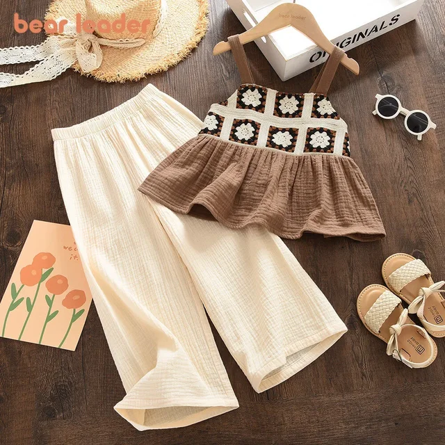 Bear Leader Girls Suit Summer Brown Retro Printed Plaid Camisole Top + Beige Pants Sweet Two-piece Set 3-7 Years Old 1