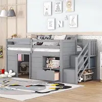 Twin Size Wood Loft Bed with Storage Drawers and Stairs Modern Farmhouse Style Multifunctional Kid's Bed Durable and Safe Grey 1