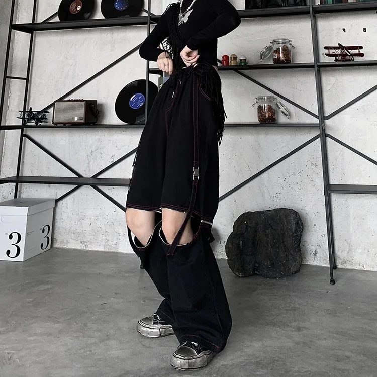 leather pants White Cargo Pants Women Emo Streetwear Black Wide Leg Trousers Baggy Grunge Punk Pockets Hippie Hollow Out Loose women's fashion