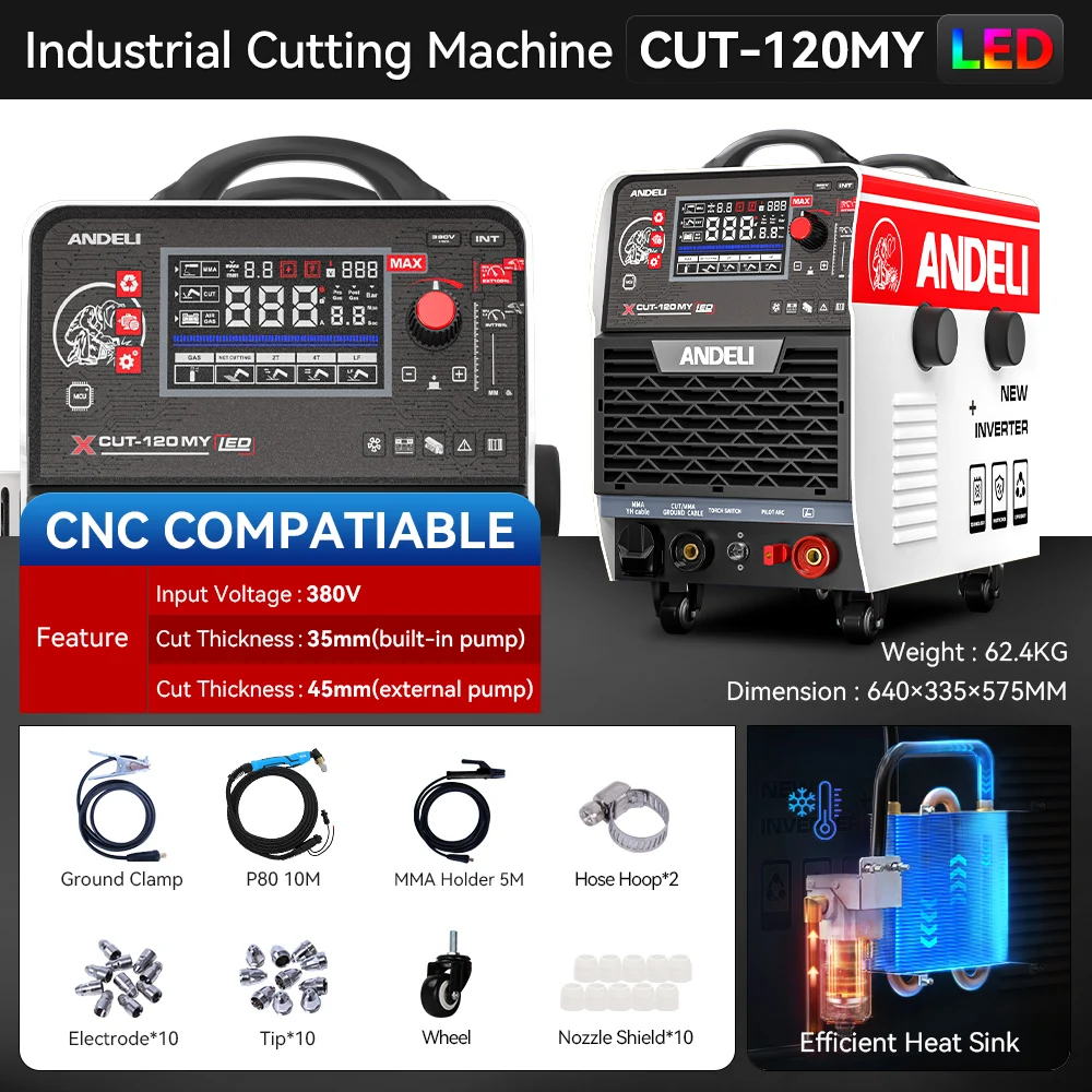Andeli CUT 120 380V CNC Bulit-in Pump Compressor MMA Plasma Cutter Laser Max Cut 45mm Cutting Machine