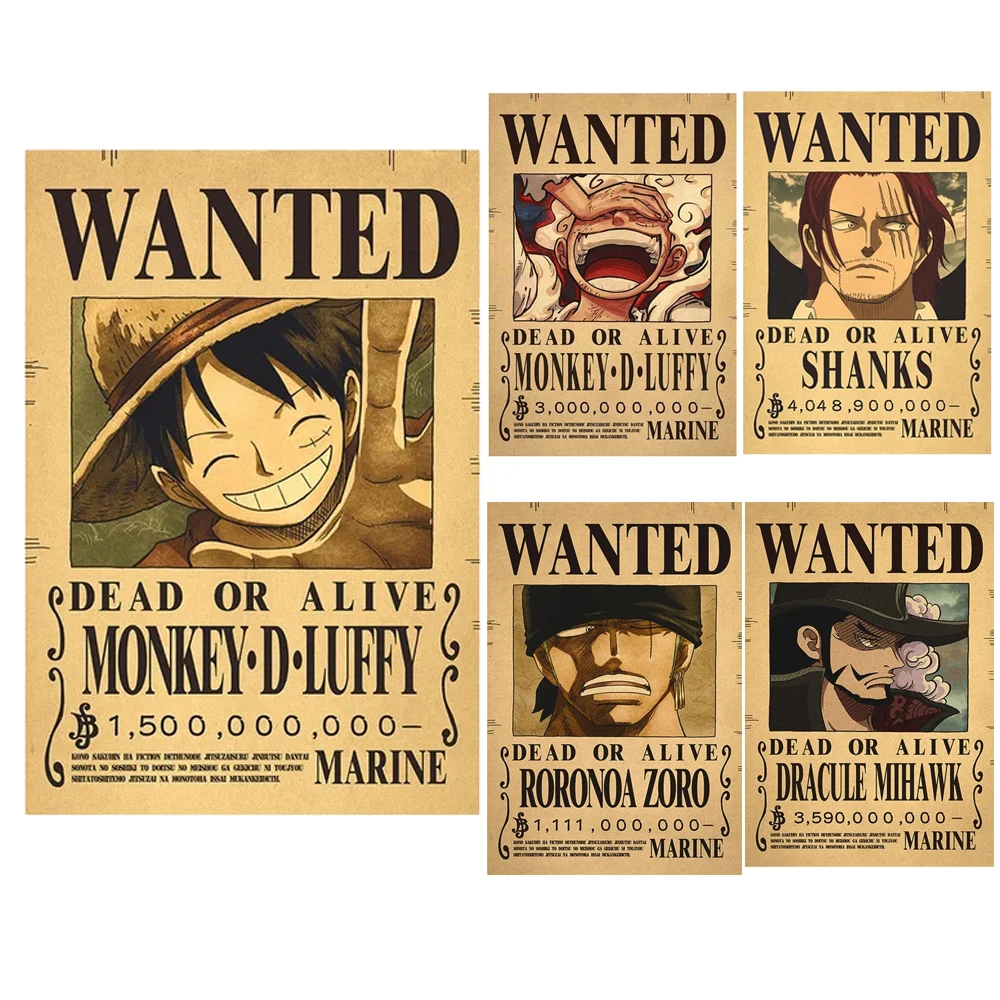 One Piece Rufy Gear 5 Sun God Nika Zoro Buggy Bounty Wanted Poster Four Emperor Figure Vintage Wall Decoration Poster