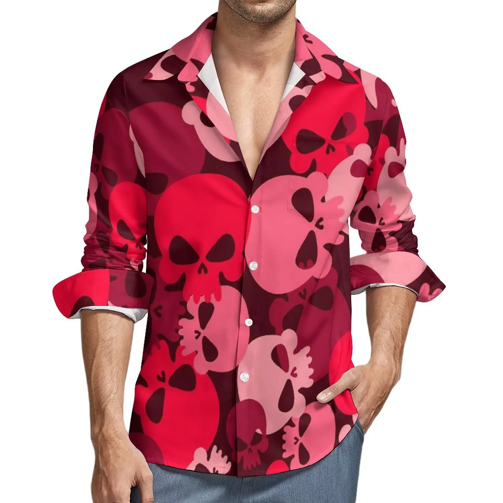 

Abstract Skull Shirt Spring Pink Army Camouflage Casual Shirts Mens Vintage Blouses Long Sleeve Custom Streetwear Tops Big Size