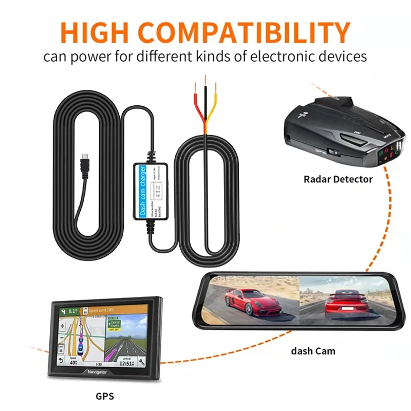 3.5 Meters Hardwire Kit Mini USB Type-C Car Charger 5V/2.5A Output 24H Parking Monitoring Cable For Dash Cam Reaview Mirror