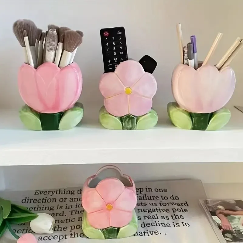 Flower Pen Holder Ceramic Desktop Decoration Cute Girl Desk Office Storage Box Stationery Shelf Storage Tank