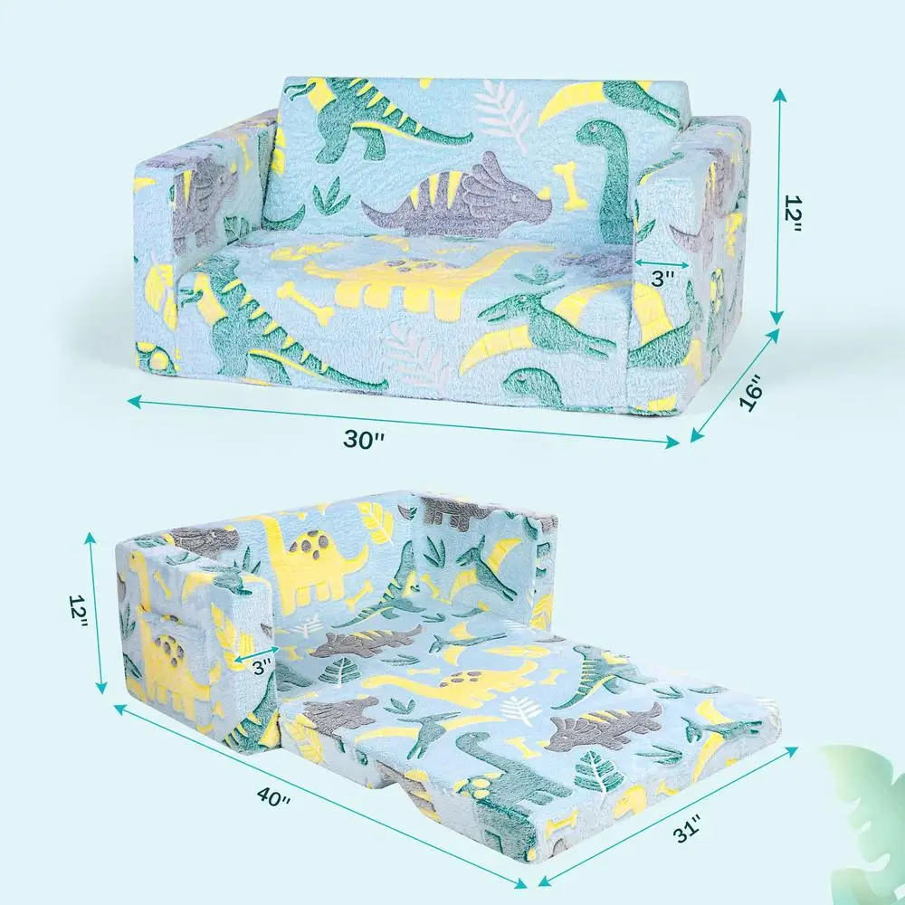 2-in-1 Kids Couch Toddler Chair Foldable Glow in Dark Sofa Recliner Indoor Play Nap Dinosaur Design 3