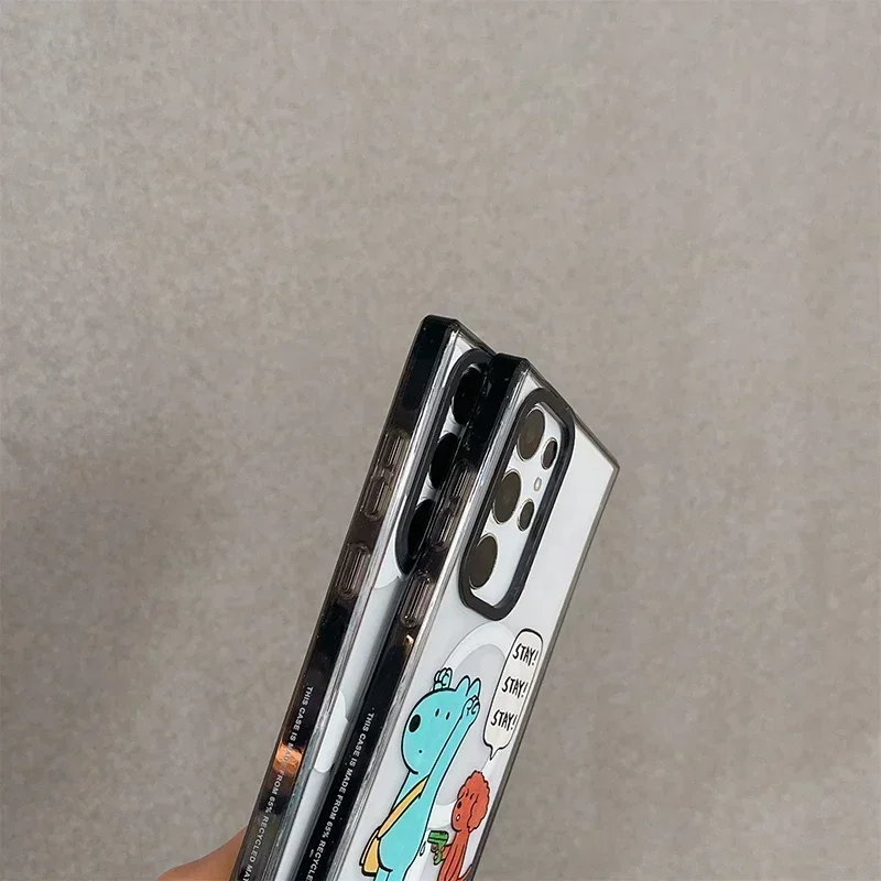 Cute Blue Brown Dog Acrylic Black Border Protective Case for Samsung Galaxy S22U S23U S24 Ultra Shell with MagSafe