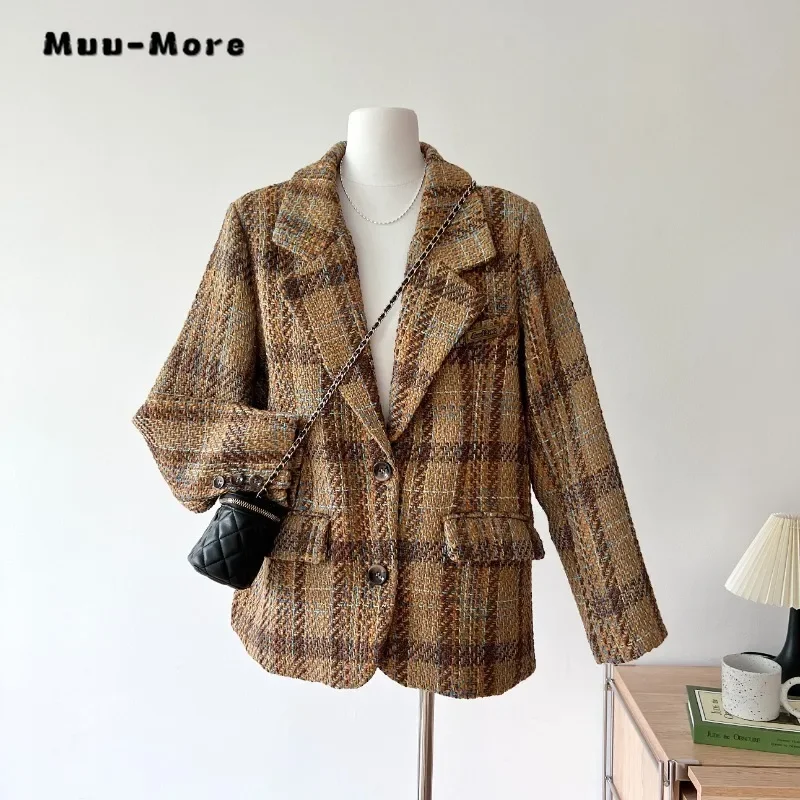 

Women Retro Plaid Office Lady Notched Collar Long Sleeve Blazers 2023 Winter Vintage Casual Loose Office Lady Tailored Coat