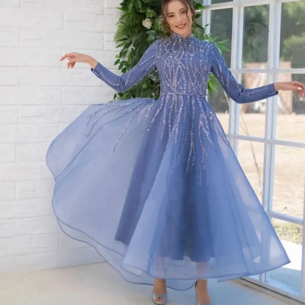 

Glitter Beaded Tulle Lace Evening Dresses 2024 For Bride Long Sleeve A Line Tea Length Robes De Soirée Custom Vestidos De Fiesta