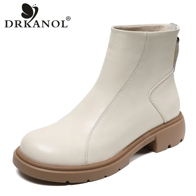 

DRKANOL Fashion Women Chelsea Boots 2023 Autumn Winter Warm Flat Heel Ankle Boots Quality Genuine Leather Round Toe Casual Boots