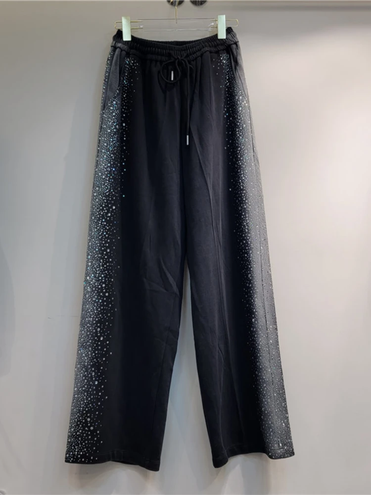 Side Vertical Stripes Rhinestone Black Casual Pants 2023 Autumn New Street Style Elastic Waist Wide-Leg Straight Pants Women rhinestone crystal beaded straight high waisted jeans female spring autumn vintage clothes baggy jeans high street black jeans