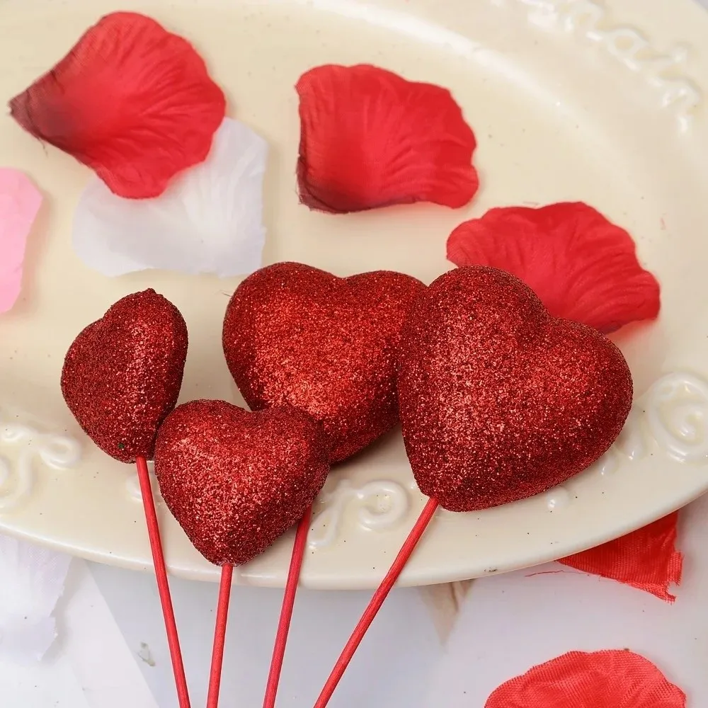 10 Stück Glänzende Glitzer-Herzen auf Stiel DIY Schaumstoff-Vasen-Deko Blumenstrauß Tortendekoration Hochzeitszubehör – Detail 10