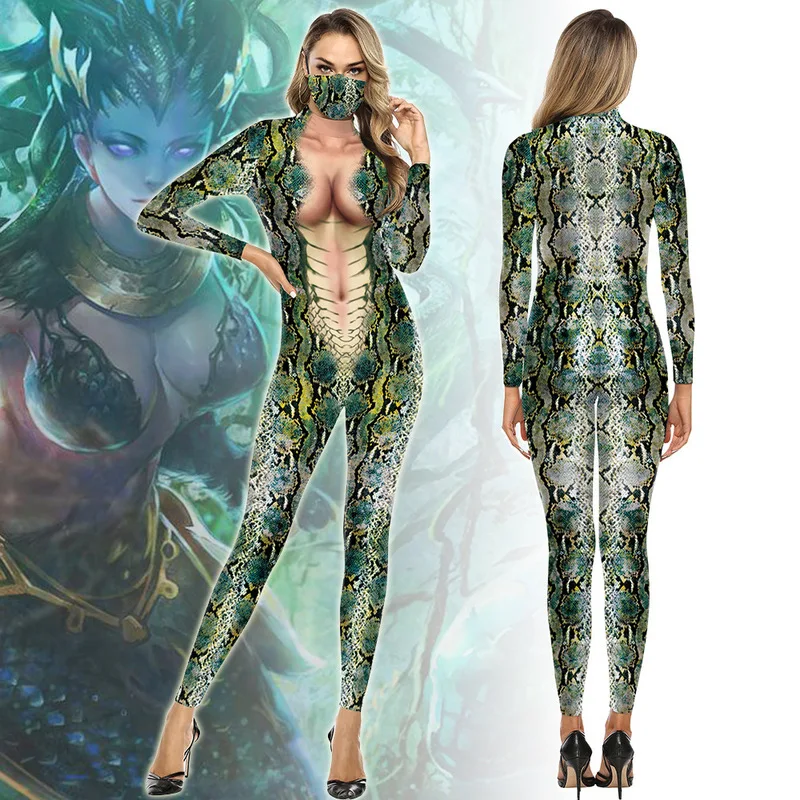 

Fccexio Sexy Snakeskin 3d Print New Fashion Girl Bodysuits Cosplay Costume Jumpsuit Adults Onesie Long Sleeve Game Outfits