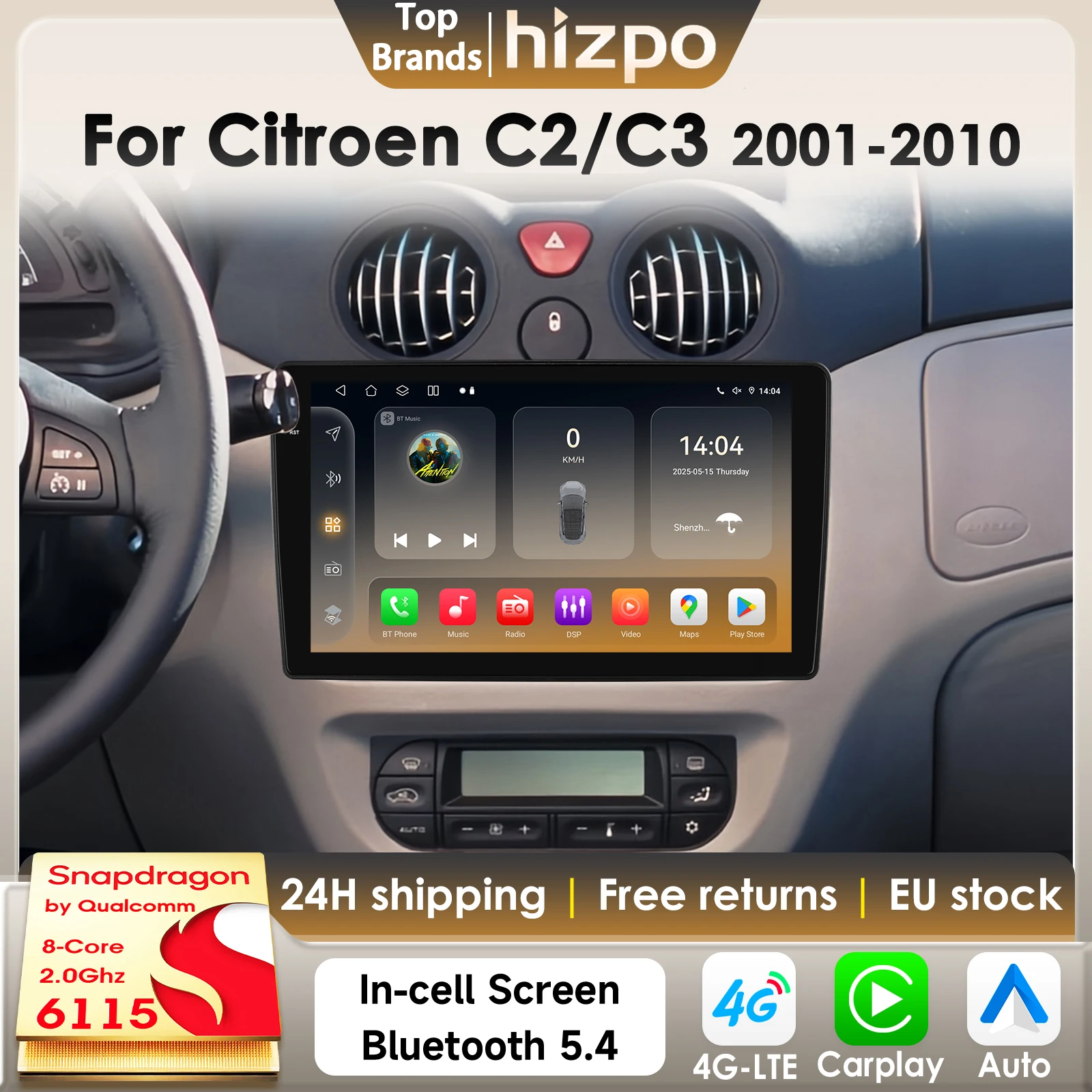 Hizpo Android 14 Auto-Multimedia-Player für Citroen C2 C3 2001 2002 2003–2010 AI Carplay GPS 4G DSP von Qualcomm Snapdragon 6115