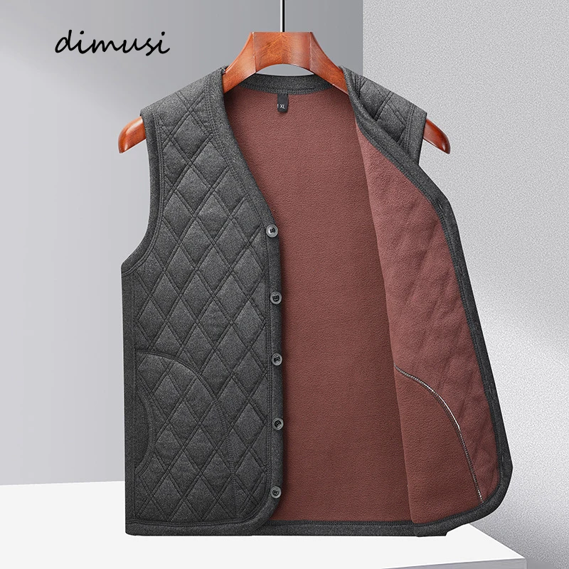 DIMUSIWinterMensCottonVestsCasualManVNeckWarmSleeveless