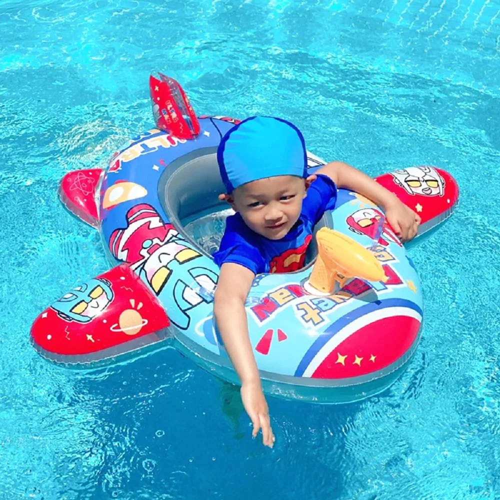 Inflatable float seat baby swimming ring kids children airplane swimming circle automatic pumping water gun fun beach pool toys