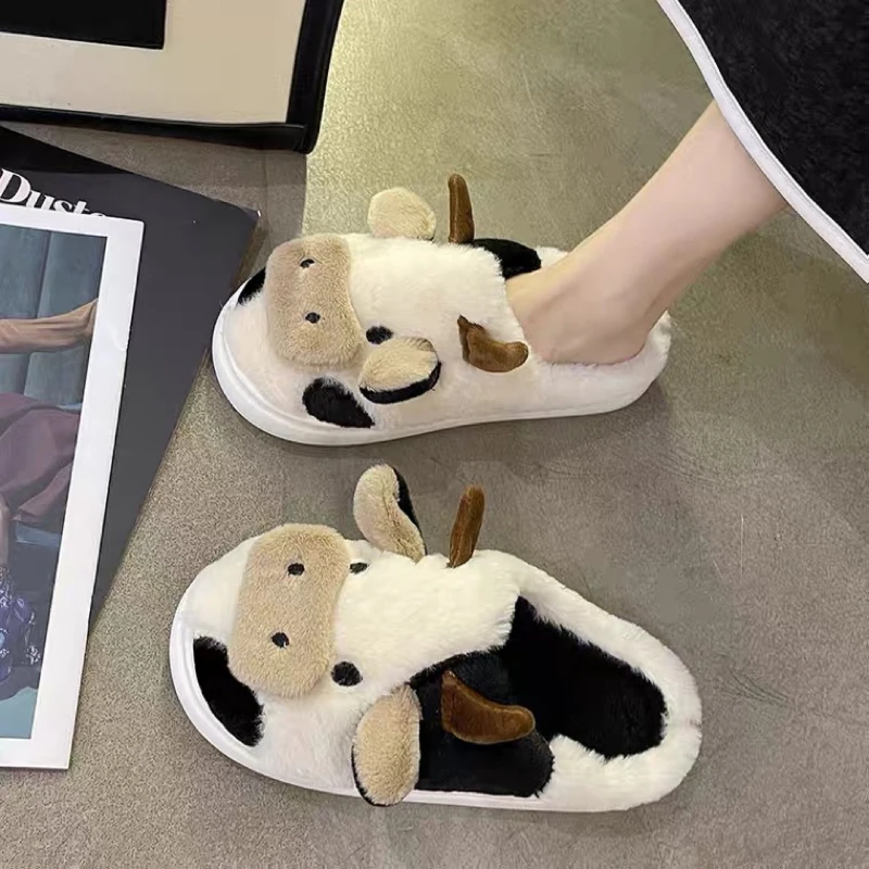 Cow plush slippers warm home slippers unisex cute cartoon cow home men and women warm cotton shoes