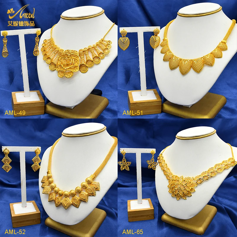 

Fashion Dubai Woman 24k Gold Color Choker Pendant Jewelry Set Nigerian African Necklace Earrings Sets for Bridal Wedding Gifts