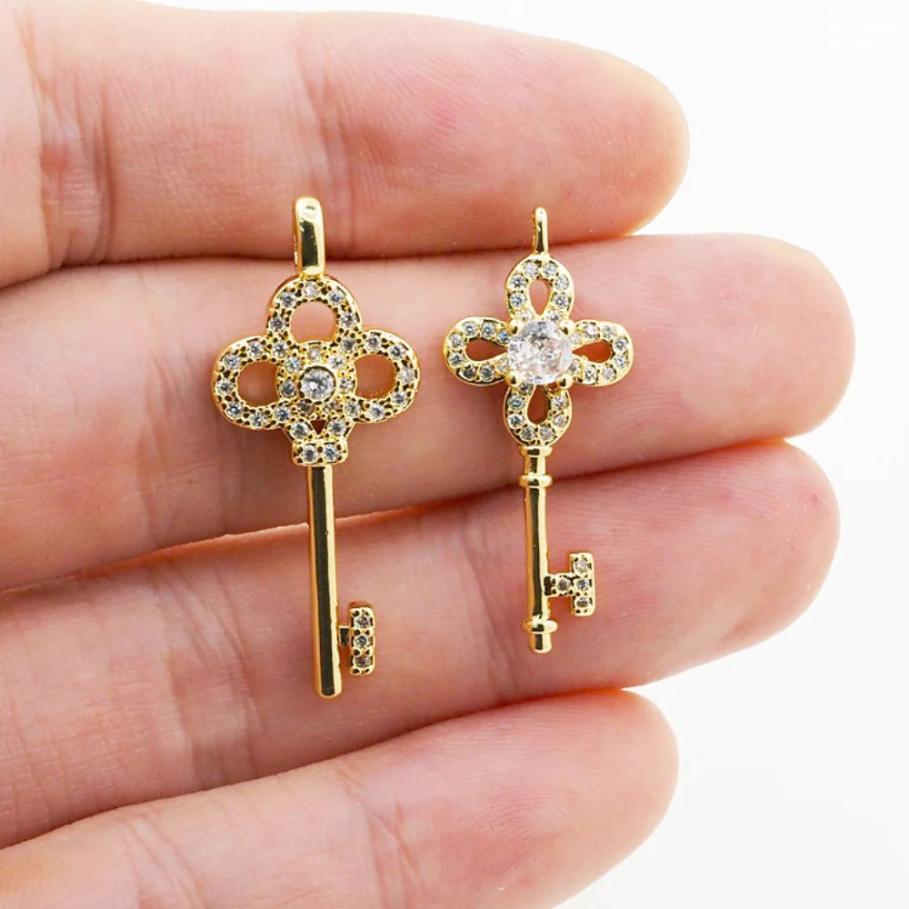 

Fashion Flower Key Charms Pendant Zircon Copper Gold Plated Fine Necklace Accessories For Women DIY Craft Jewlery Findings