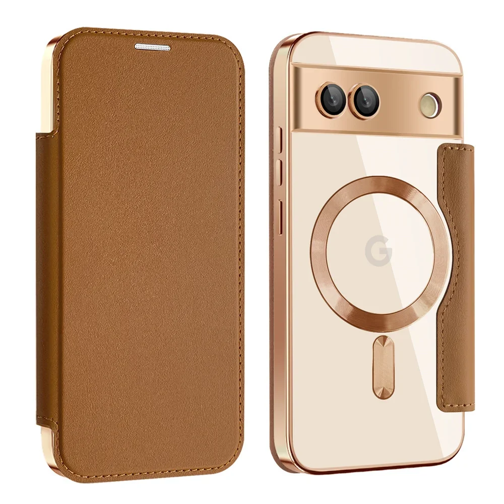 Luxurious Magnetic Leather Wallet Phone Case with Clear Card Clip & Plating Flip Cover