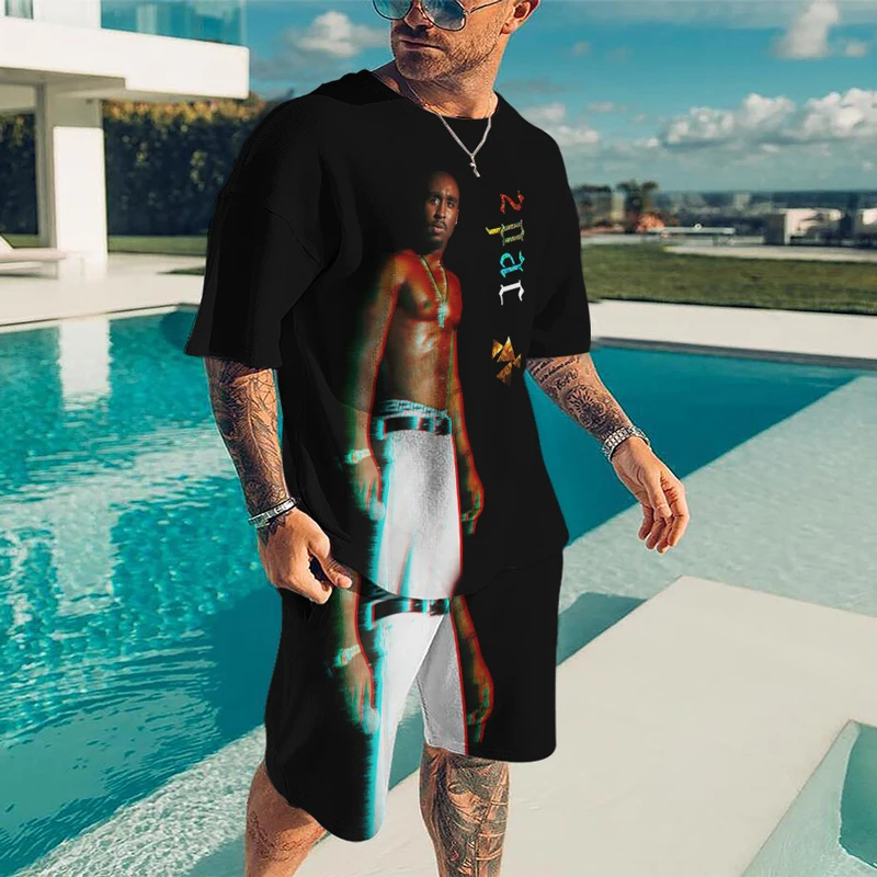2023 Rap Singer 2pac Trendy Men T Shirt Set 3D Print Tupac Hip Hop Streetwear Oversize O-Neck Short Sleeve Tshirts Fashion Cloth 4