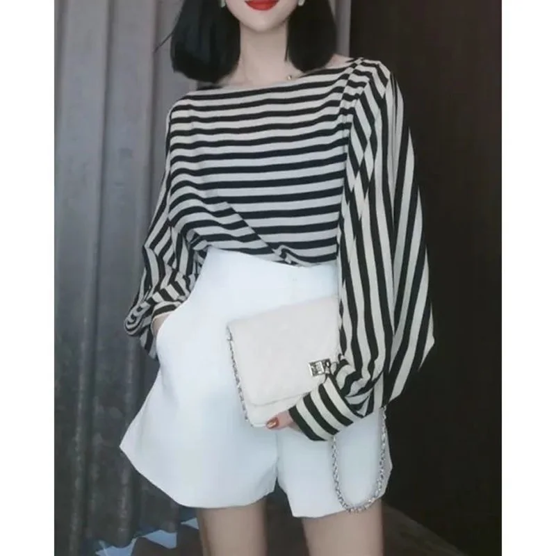 2023 New Spring and Autumn Temperament Commuting Simple and Elegant One Line Neck Striped Lantern Sleeves Loose Oversize Shirt