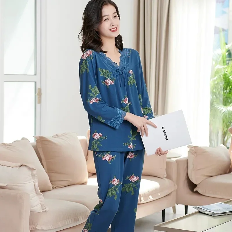 

14011-Pajamas ladies spring and autumn models autumn cotton long-sleeved home clothes cotton thin section middle-aged