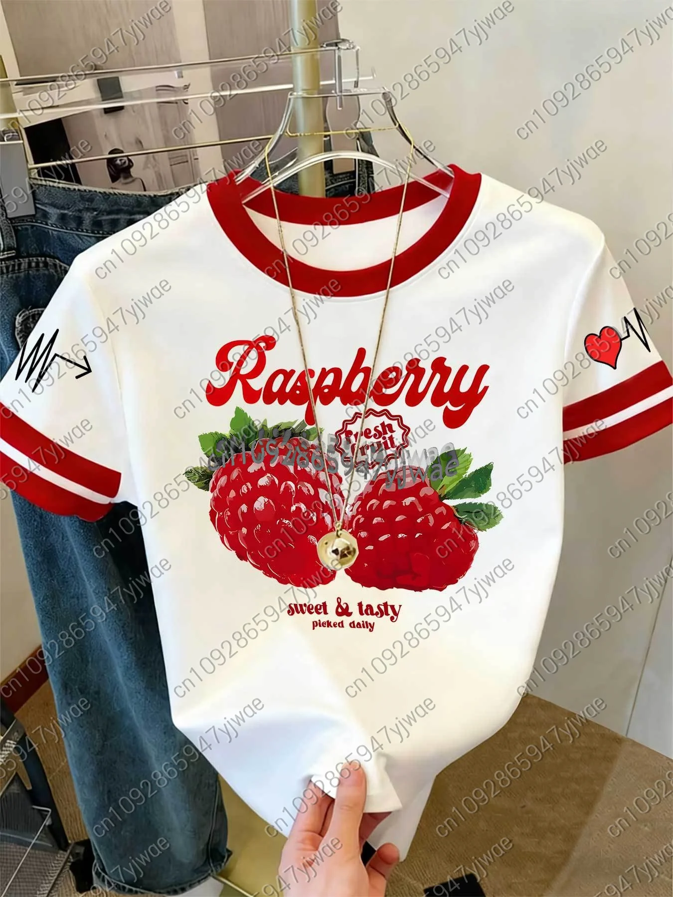 2026 Womens Short Sleeve Color-Block Fresh Raspberry Print Y2k T Shirt Girl Round Neck Tee Outdoor Sports Adult Women's T-Shirt 1