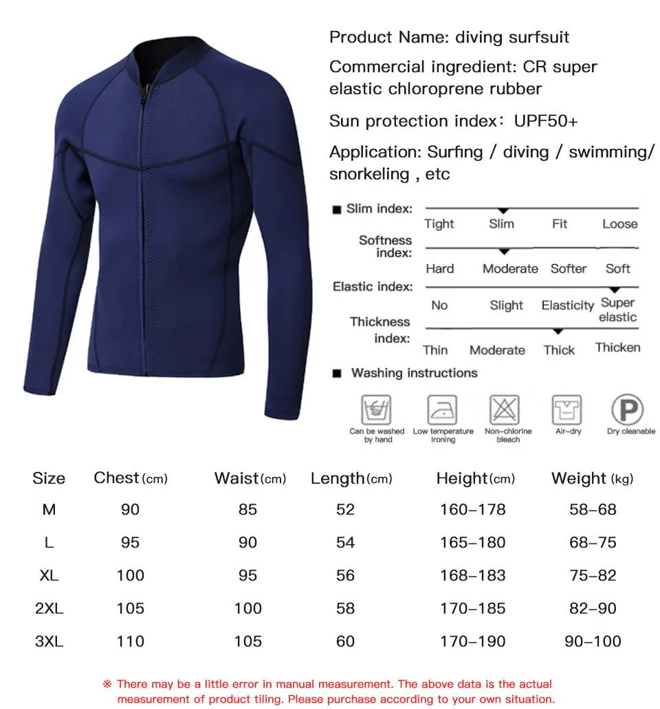 Full Zip Long Sleeve Wetsuit Jacket Watersports Dive Surfing Top