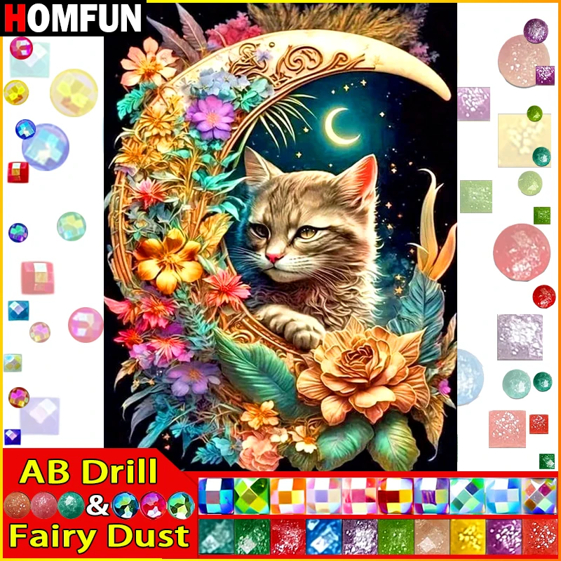 

HOMFUN Fairy Dust AB 5D DIY Diamond Painting Mosaic Cat Full Round Square Diamond Animal Flower Home Decor Rhinestone Pictures