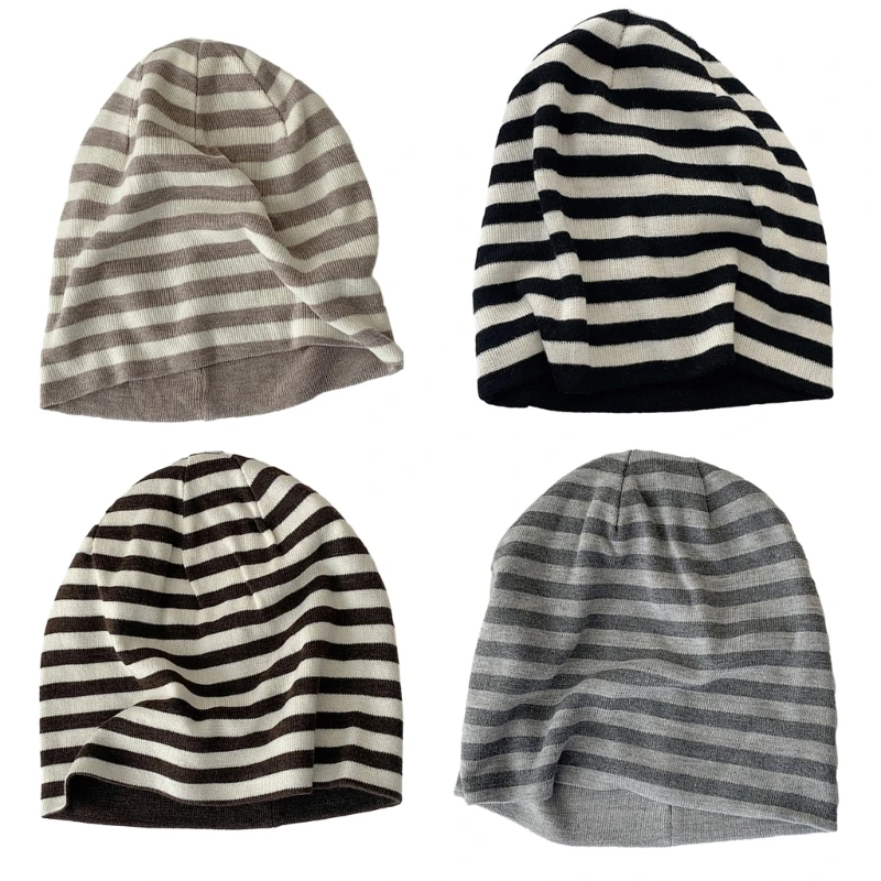 

Winter Knit Striped Beanie Hat for Teens Keep Warm Protecting Ear Hat Windproof M6CD