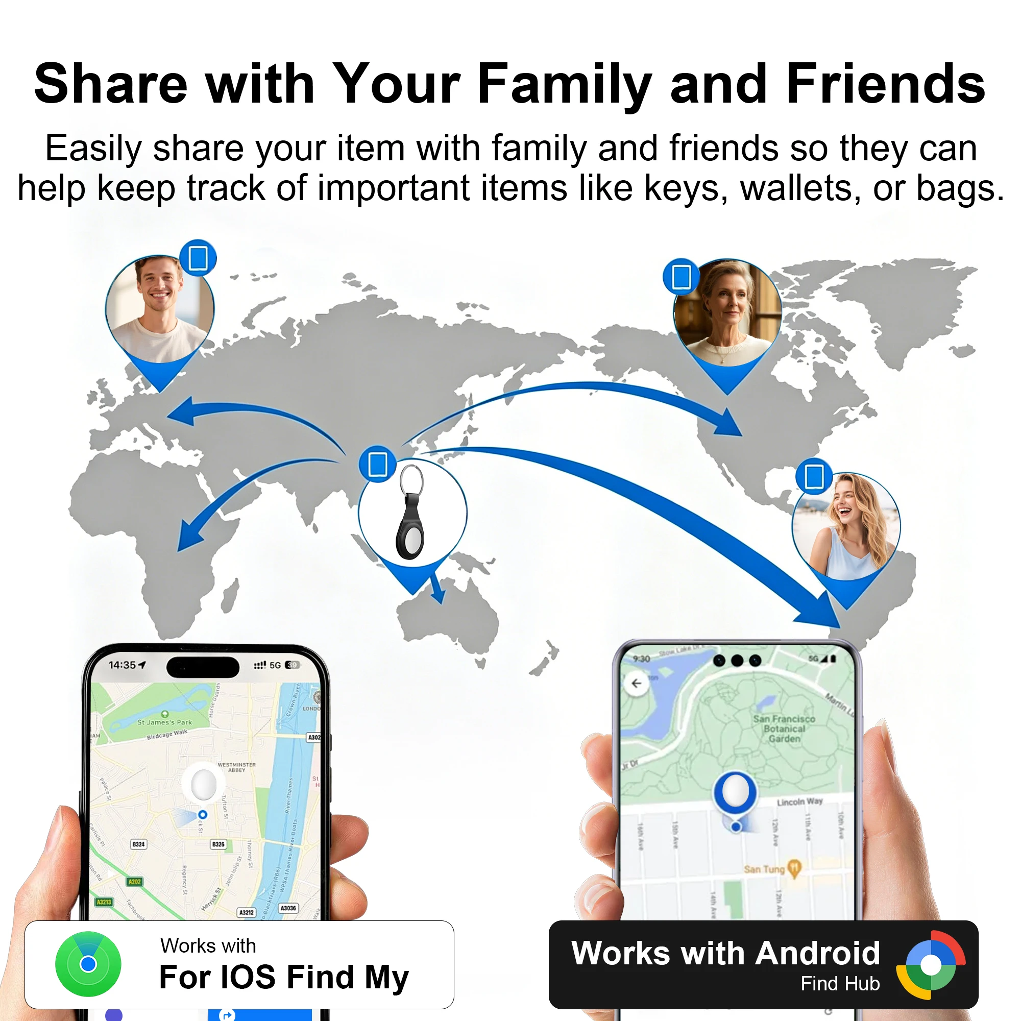 4개의 에어태그 블루투스 트래커: 듀얼 시스템 아이템 추적 및 위치 확인을 지원하는 스마트 태그, iOS Find My 또는 안드로이드 Find Hub