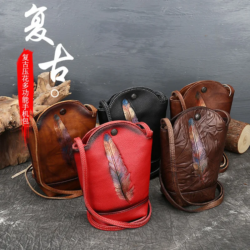 

Women's New Fashion Genuine Leather Unique Feather Printing Mini Phone Bags Bucket Bag ShoulderBag CrossbodyBag Office Daily