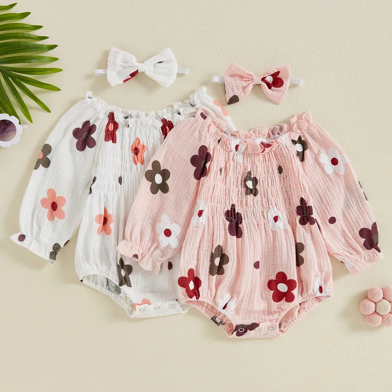 

Baby Girls Bodysuit Autumn Clothes 2-Piece Long Sleeve Floral Print Square Neck Smocked Ruffled Romper Bow Headband