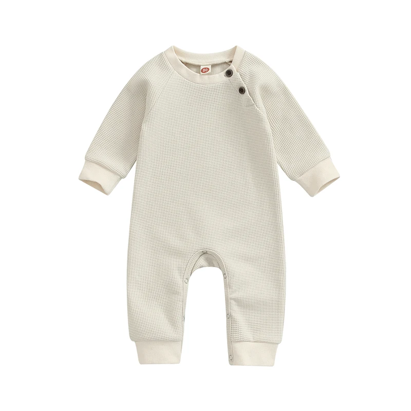 Infant Baby Autumn Jumpsuit, Solid Color Waffle Long Sleeve Round Neck